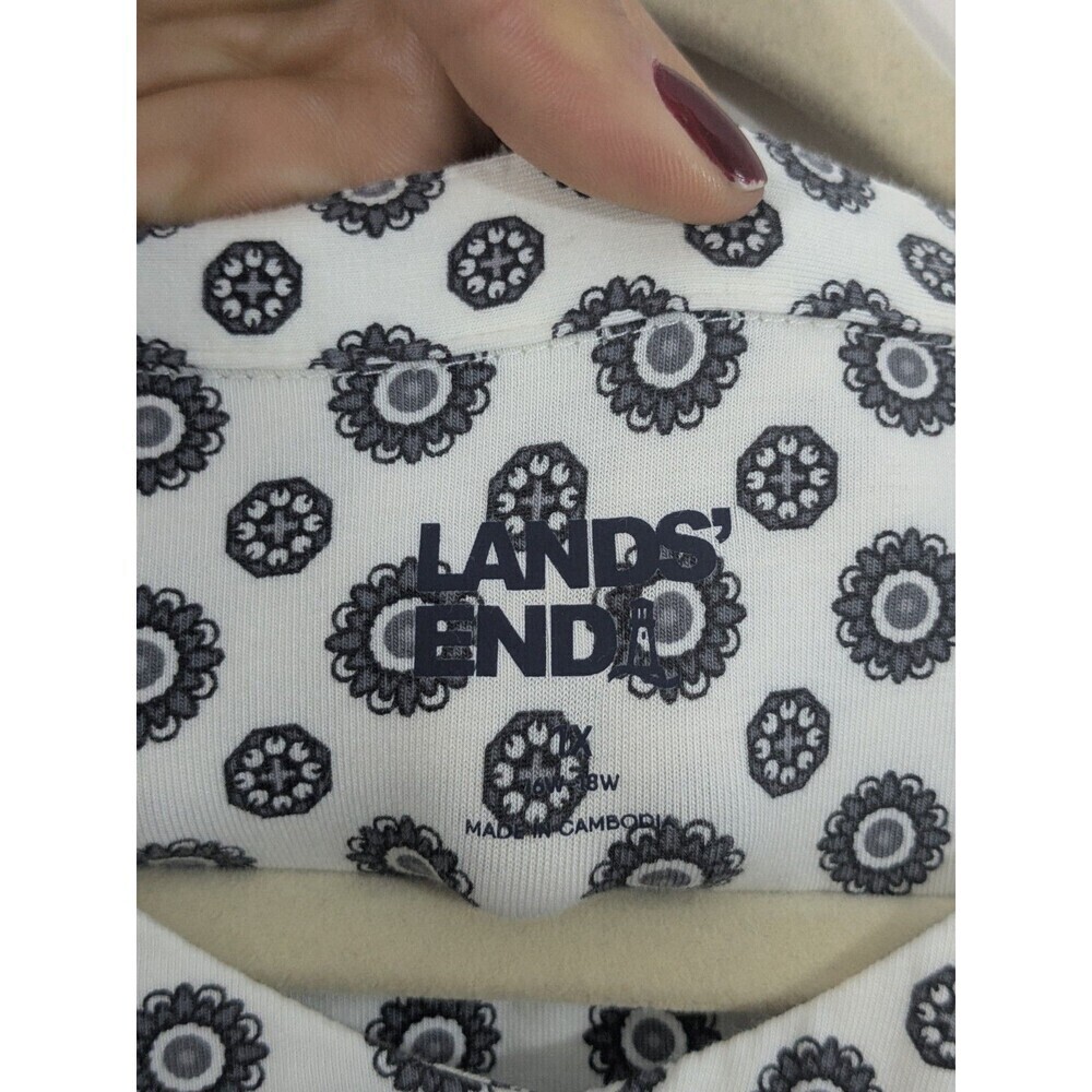 Lands End Sz 1X Blouse Shirt Button Down Top White Gray Geometric Print Career - Picture 4 of 8